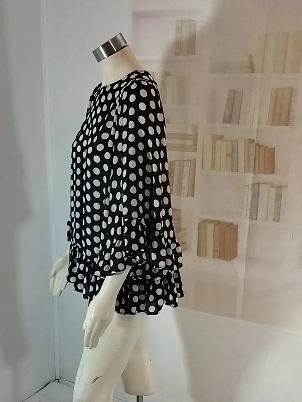 Michael Kors Black Blouse with White Polka Dots and Ruffle Hem